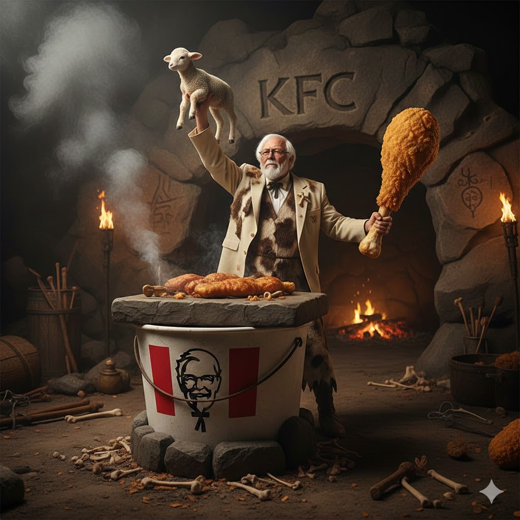 In a primitive cave covered in KFC hieroglyphics, Colonel Sanders holds a lamb up in his right hand as if extending it as an offering to the heavens. The lamb is held over top of an altar, which is made up of a Chicken bucket with a stone slab on top. Colonel Sanders holds a chicken drumstick club in his left hand. Smoke rises from grilled meat that is on the altar as if it is incense for the sacrifice.